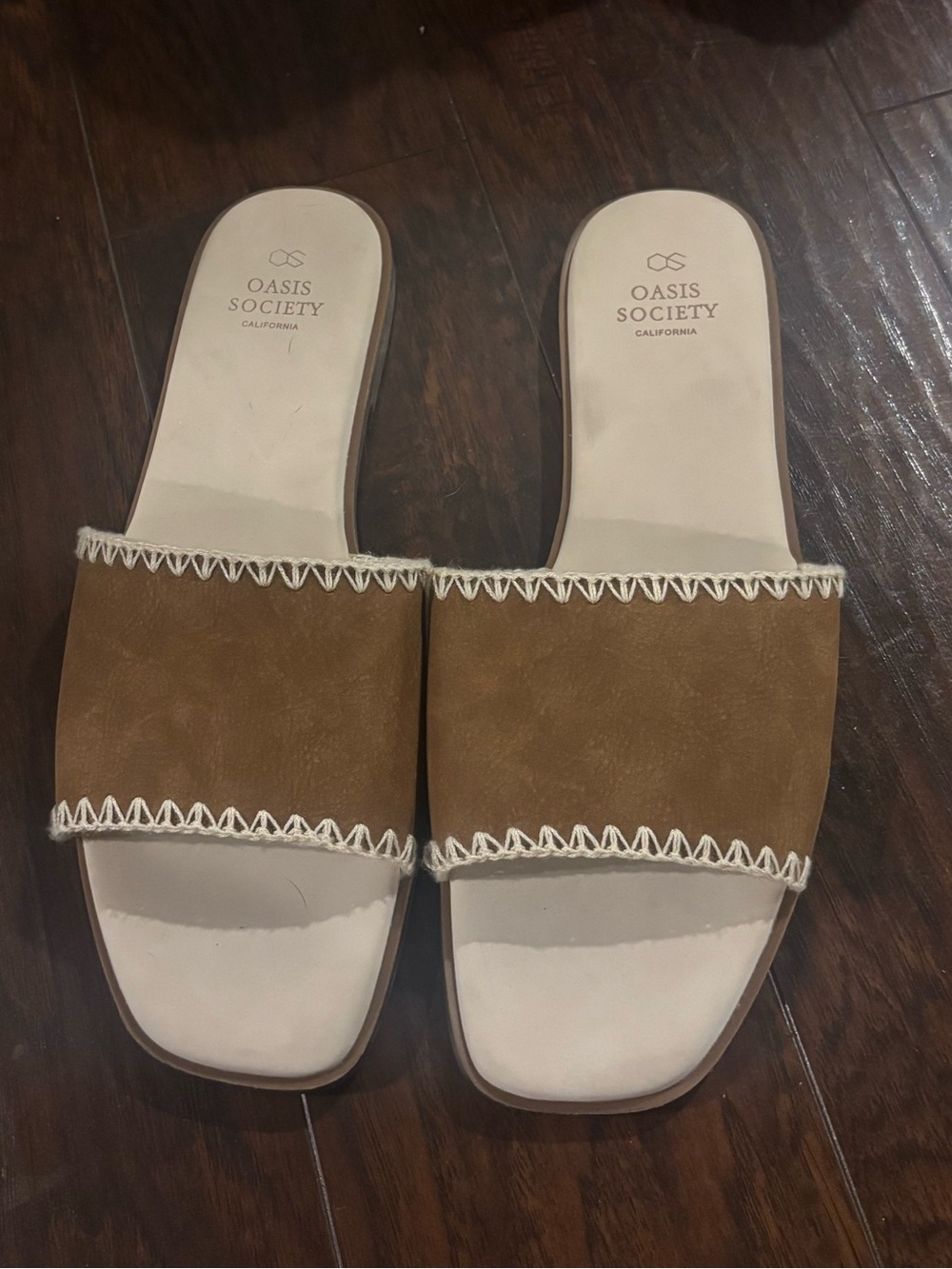 Society Brown Slide Sandals with White Trim